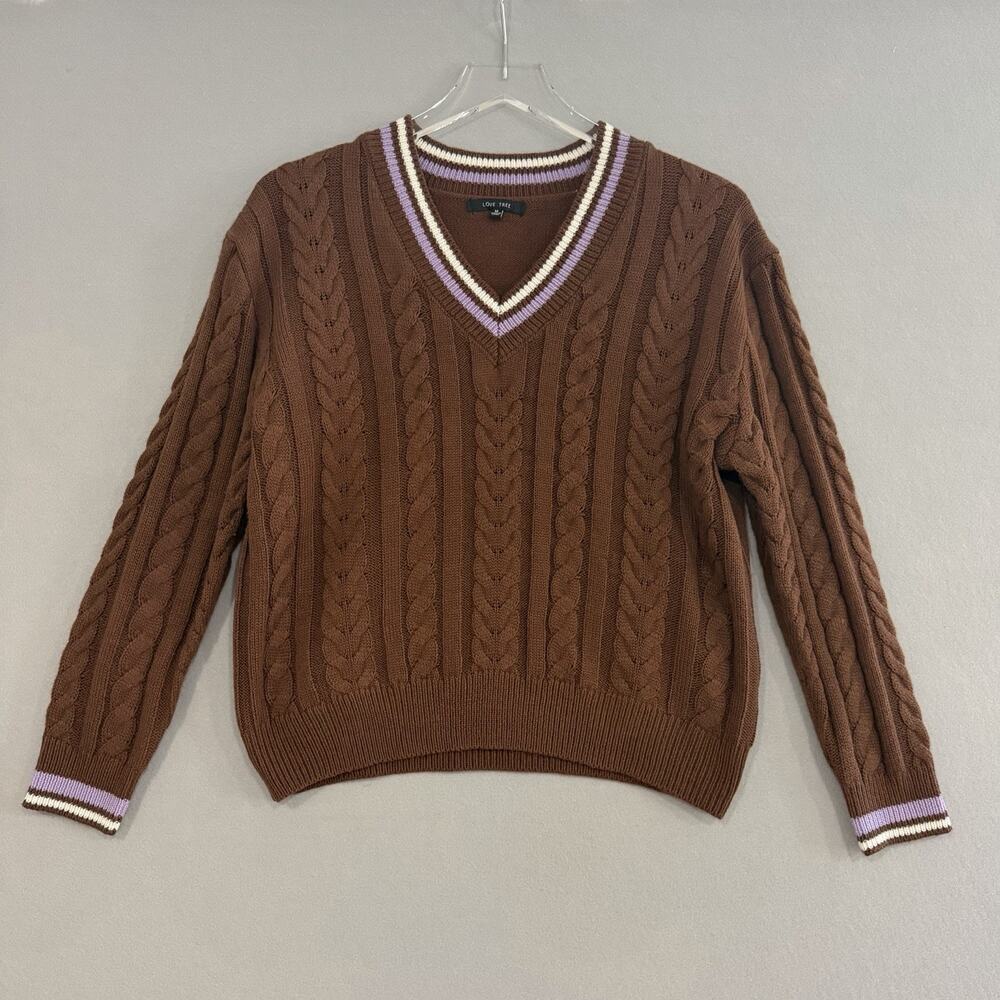 Love Tree Cricket Sweater Size Medium Brown Cable Knit Varsity Academia Preppy
